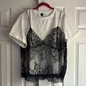 NWOT White Tee with Black Lace Camisole Overlay 4X